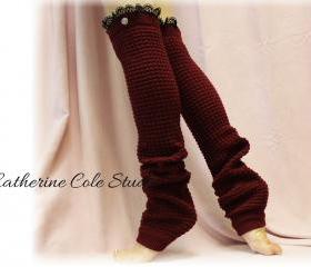 BURGUNDY Dancer ballerina yoga EXTRA LONG leg warmers womens popcorn texture, lace buttons by Catherine Cole Studio legwarmers