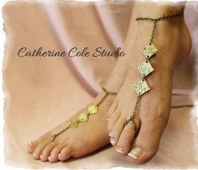 Hammered Bronze diamond Barefoot sandals great for summer 1 pr. slave sandals beach wear foot jewelry Catherine Cole Studio BF12