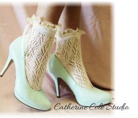 Pointelle Paris Peek a Bow Lace socks for heels CREAM Baby doll, 80's inspired crochet lace socks flats or heels Catherine Cole Studio CS5