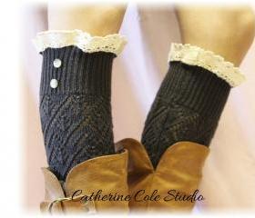 CHARCOAL Pointelle lace 2 button legwarmers Catherine Cole Studio LW29