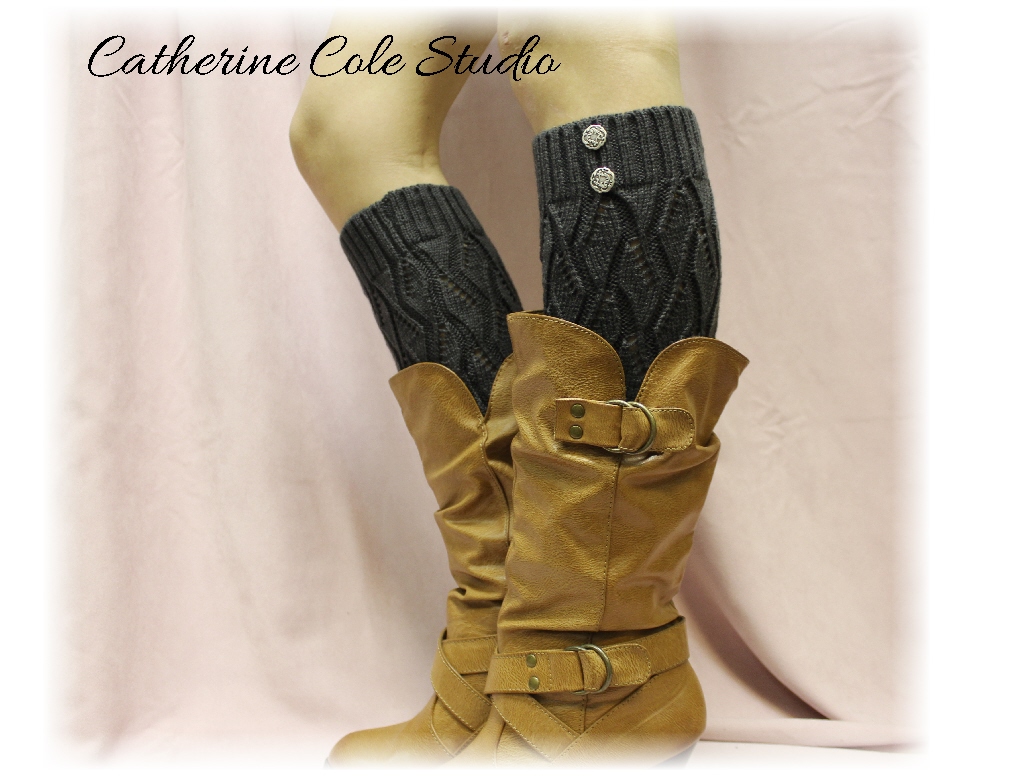 CHARCOAL GREY Open Crochet Knit Leg Warmers LW18 / Womens Knit Pattern