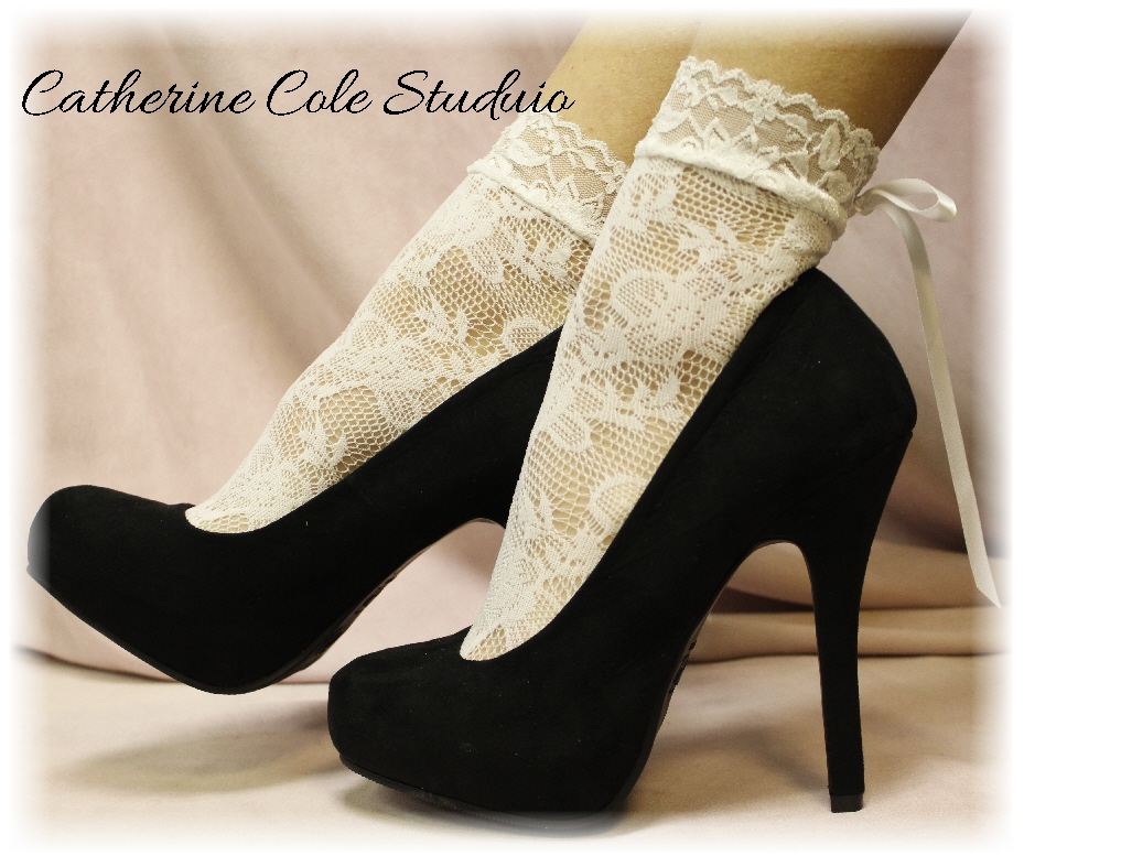 WHITE Baby Doll Lace Socks For Heels Retro 80s Look Holiday Parti